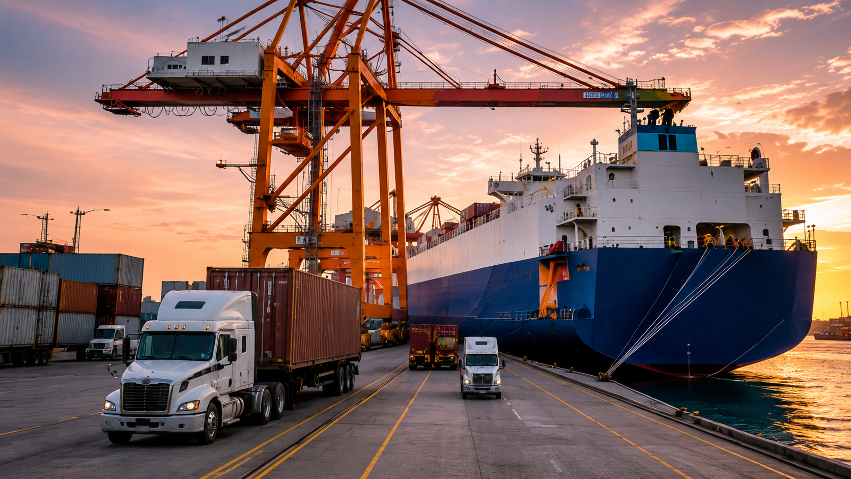 Container port operations at sunset with trucks and cargo ship