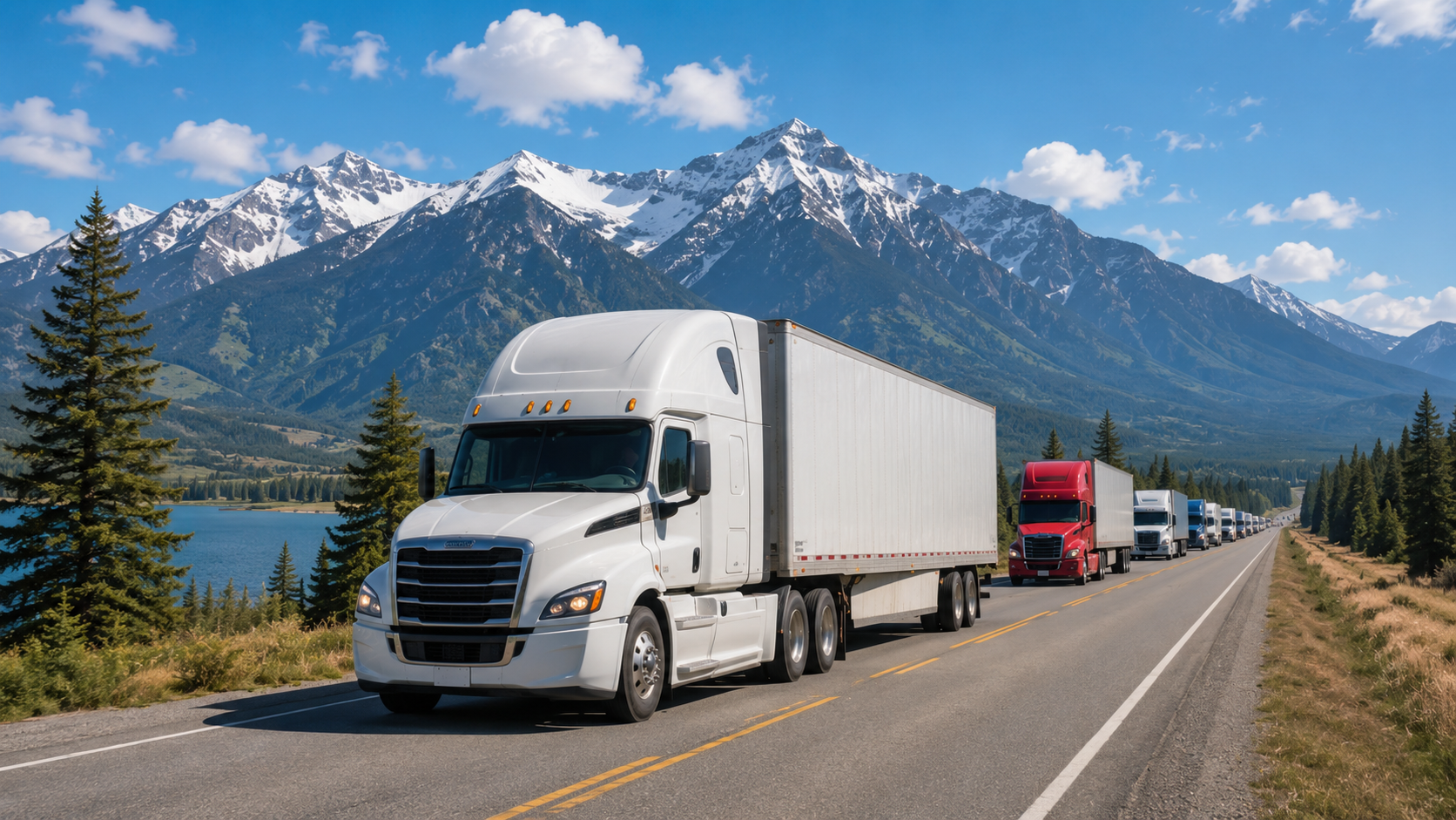 A white Class 8 semi-truck on a California highway